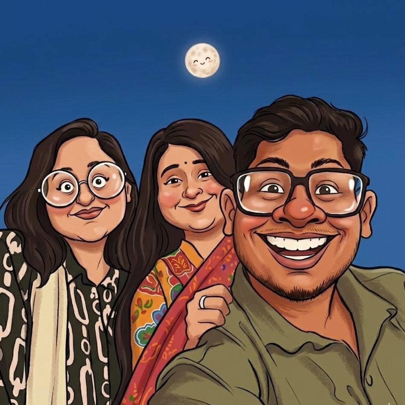 Illustrated portrait with two friends under a smiling moon